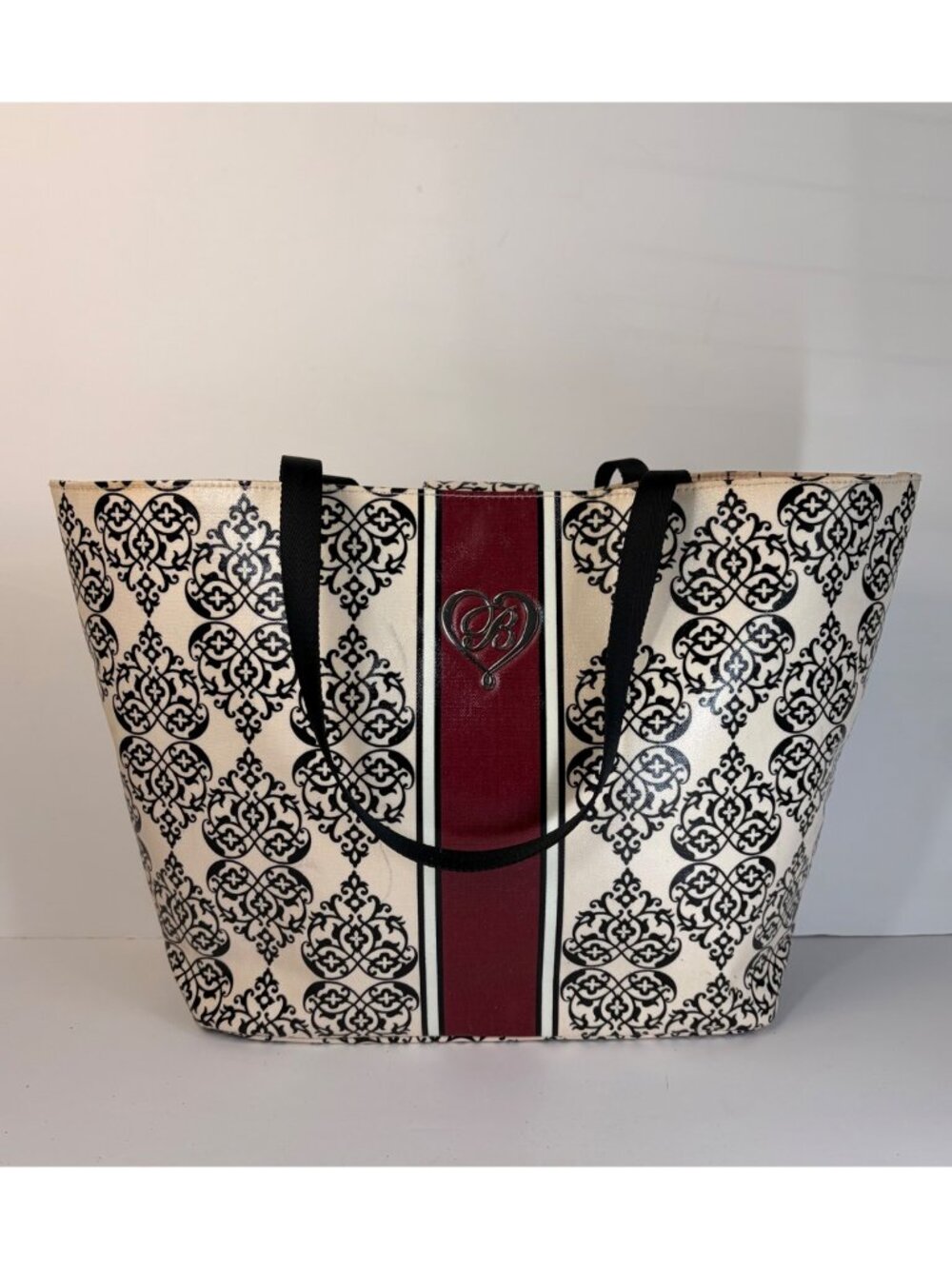 Brighton My Sweet Valentine Tote Bag Cream Black Burgundy Heart Magnetic Closure